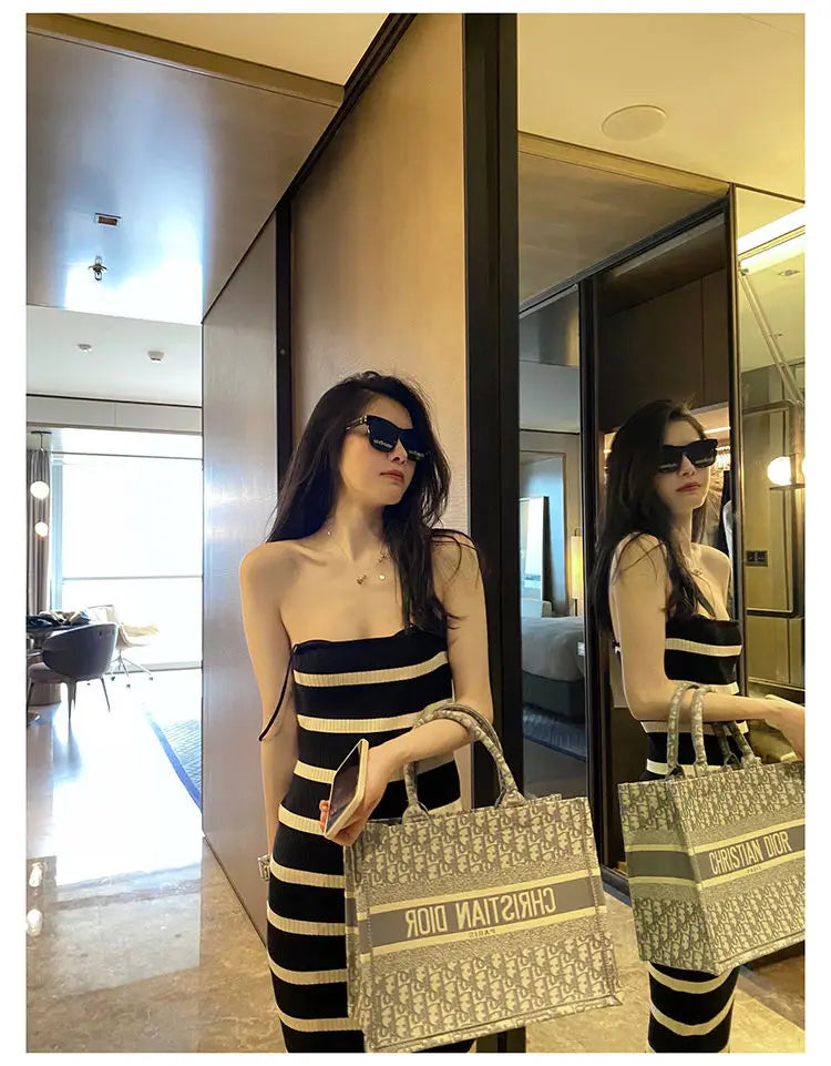 Striped Sleeveless Midi Dress with Halter Neck — Sexy Summer Style, Custom-Ready Elegance