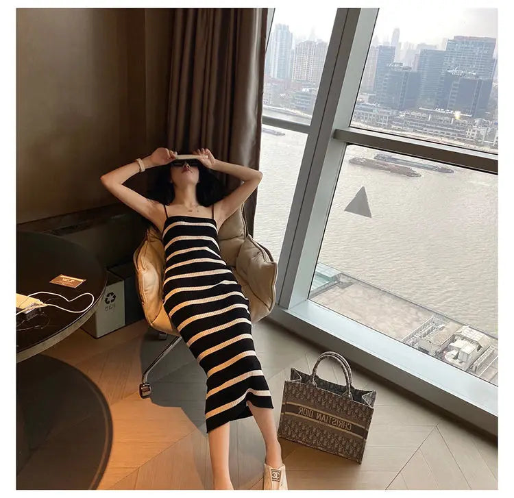 Striped Sleeveless Midi Dress with Halter Neck — Sexy Summer Style, Custom-Ready Elegance