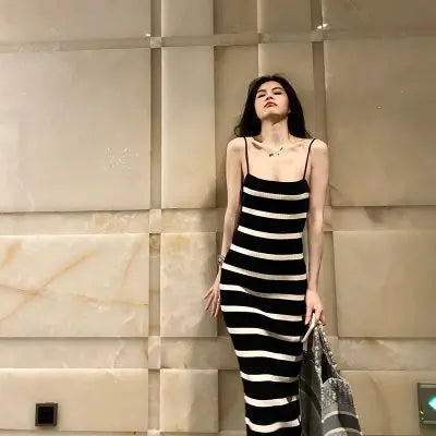 Striped Sleeveless Midi Dress with Halter Neck — Sexy Summer Style, Custom-Ready Elegance