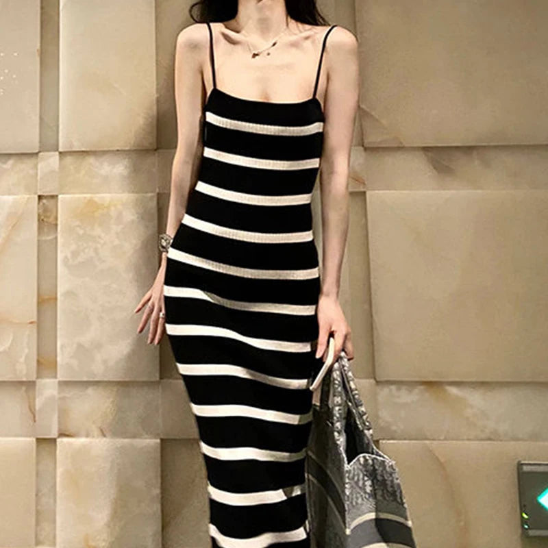 Striped Sleeveless Midi Dress with Halter Neck — Sexy Summer Style, Custom-Ready Elegance