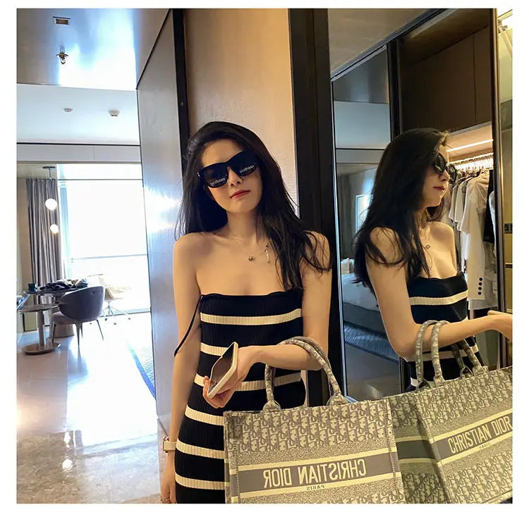 Striped Sleeveless Midi Dress with Halter Neck — Sexy Summer Style, Custom-Ready Elegance