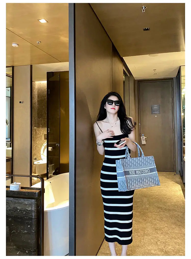 Striped Sleeveless Midi Dress with Halter Neck — Sexy Summer Style, Custom-Ready Elegance
