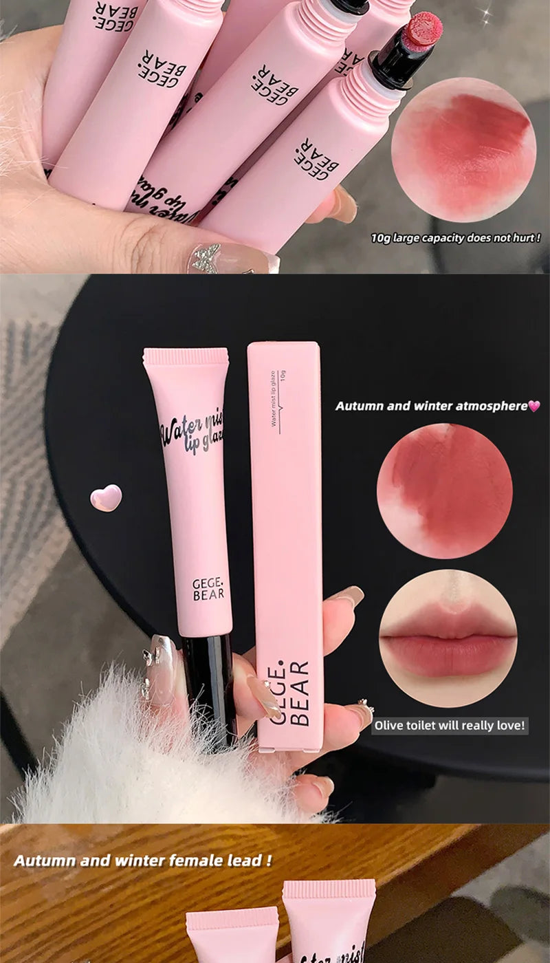 Gege Bear Mist Lip Gloss — Autumn/Winter Hydrating Shimmering Matte Finish, Rich Color-Pop, Milk Tea Shade Lip Tint