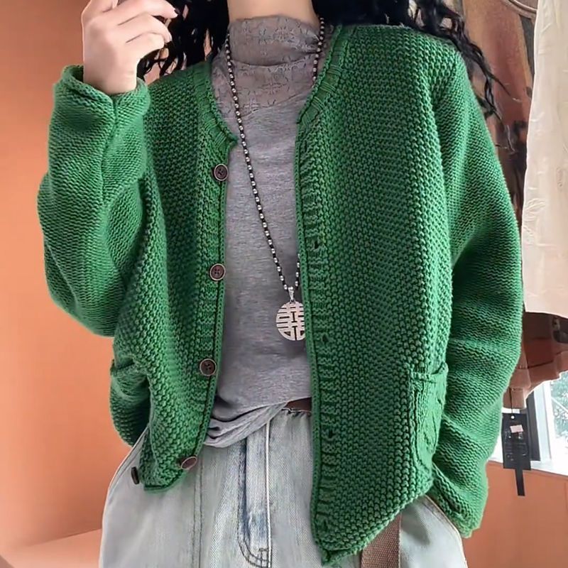 Women's Solid Color Round Neck Long Sleeve Knitted Sweater Coat